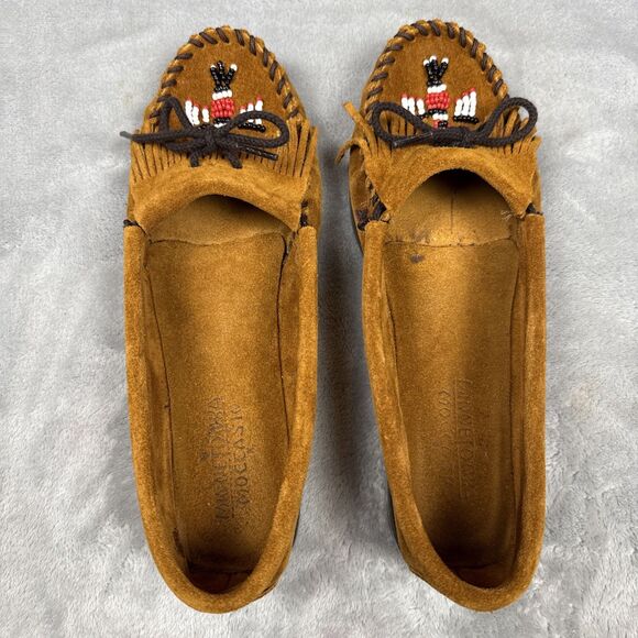Minnetonka Thunderbird Moc Suede Moccasins Sz 9 Beaded Brown Slip On Slipper - Picture 7 of 11